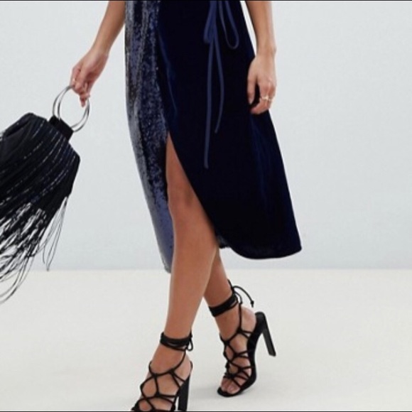 NWT ASOS Navy Sequin/Velvet Wrap Dress - Picture 3 of 4